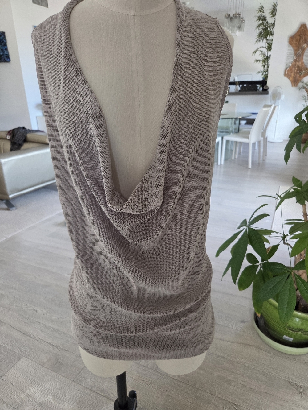 Joan Vass Sleeveless Cowl Knit Style Top Siver Matte Metallic
